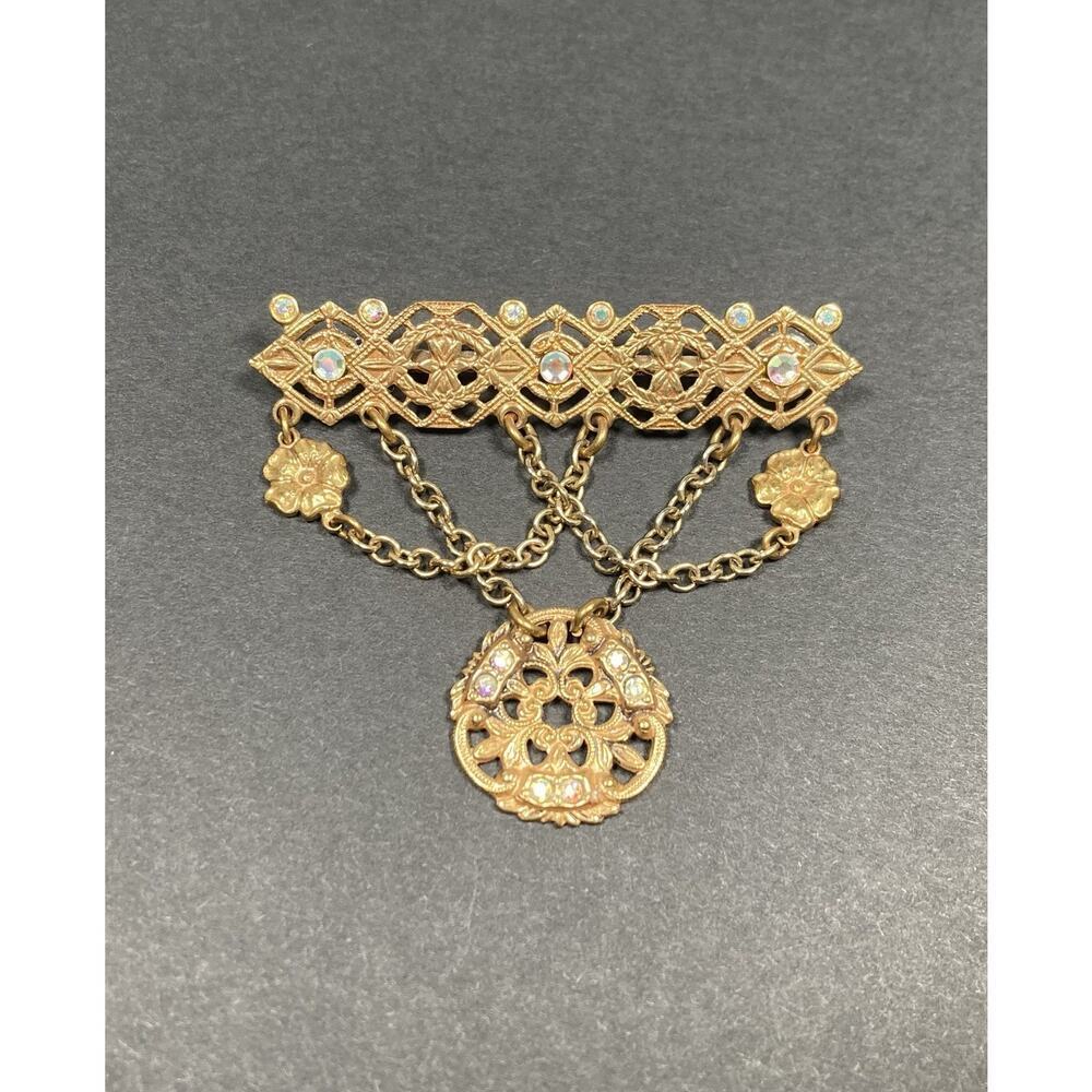 Vintage Victorian Revival Brass Tone Dangle Chain Brooch Rhinestones Festoon